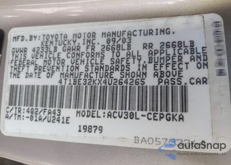 2004 Toyota Camry Xle from USA, damaged, VIN 4T1BE32KX4U264265